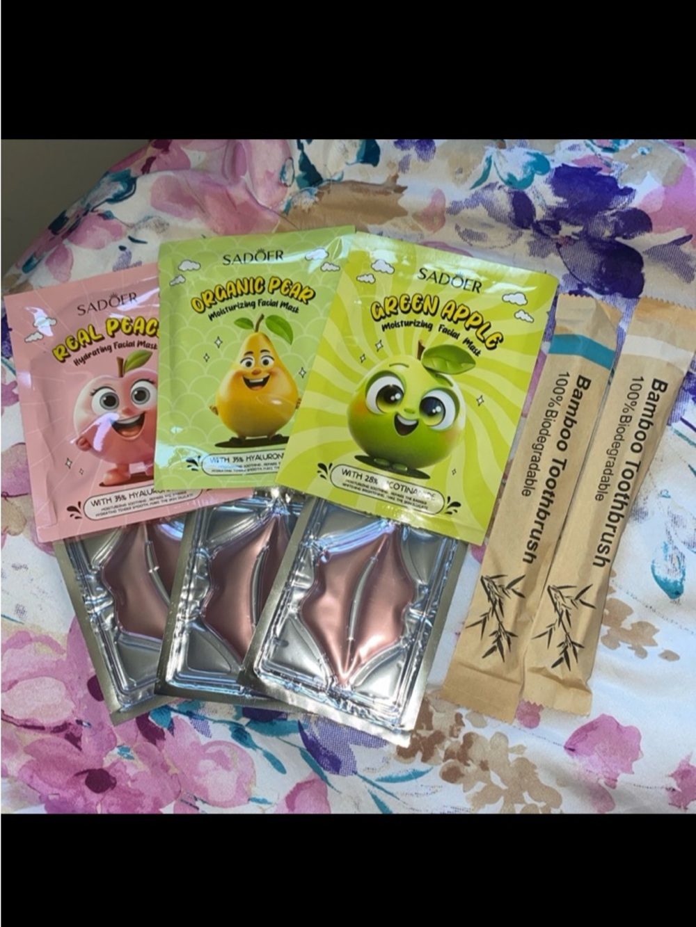 Sadoer Fruit Facial Sheet Masks & Bamboo Toothbrush Set- Pink, Yellow, Green